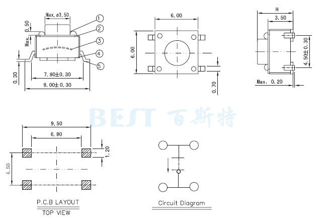 輕觸開關TS-1109W參考圖紙 輕觸開關TS-1109W參考圖紙