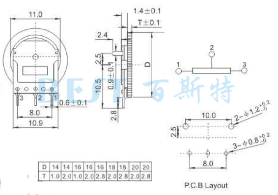 撥盤電位器WH140-1 SMD參考圖紙 撥盤電位器WH140-1 SMD參考圖紙